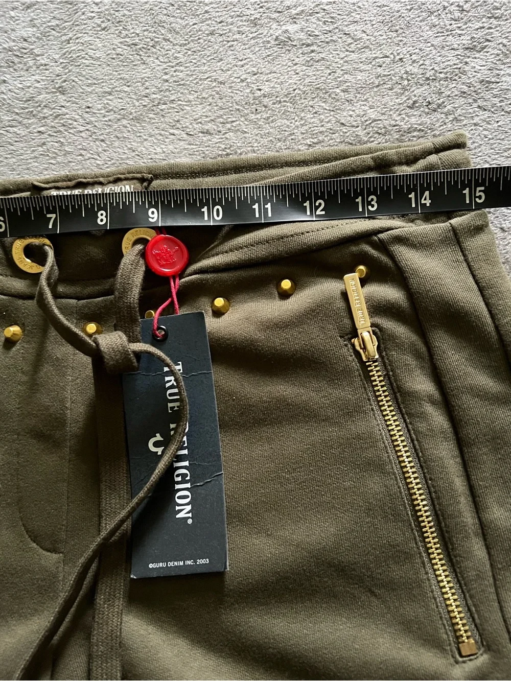 True Religion Olive Green Cropped Jogger Pants with Gold Accents